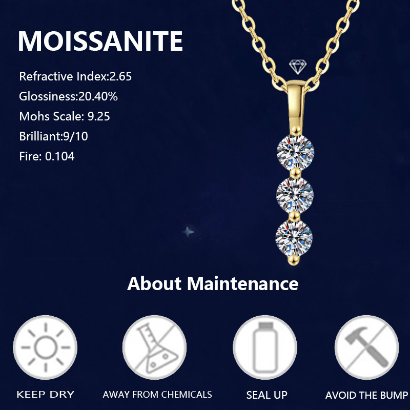 Unisex 925 Silver 0.9 Carat Moissanite Three-Stone Pendant Necklace